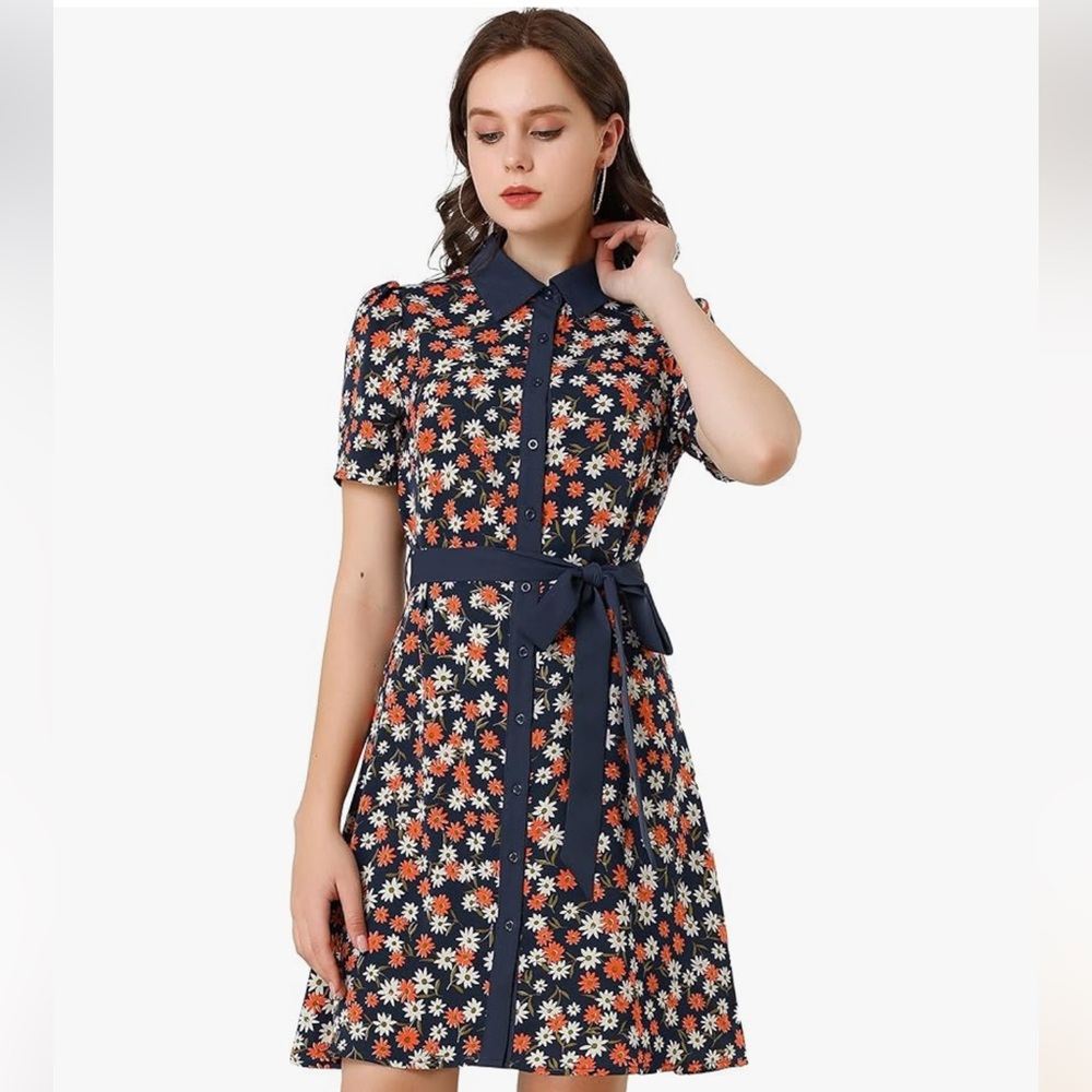 Allegra K Navy Floral Women’s Dress with tie belt